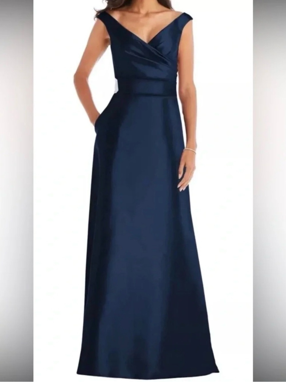 ALFRED SUNG Midnight Blue Off Shoulder Satin Draped Bodice Maxi Dress